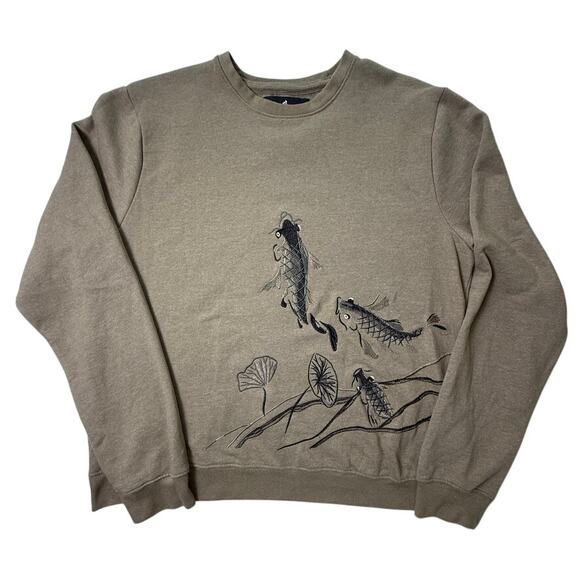 Blind Rooster Koi Fish Embroidered Sweatshirt Tan Fleece Lined Crewneck Size L - Picture 1 of 11